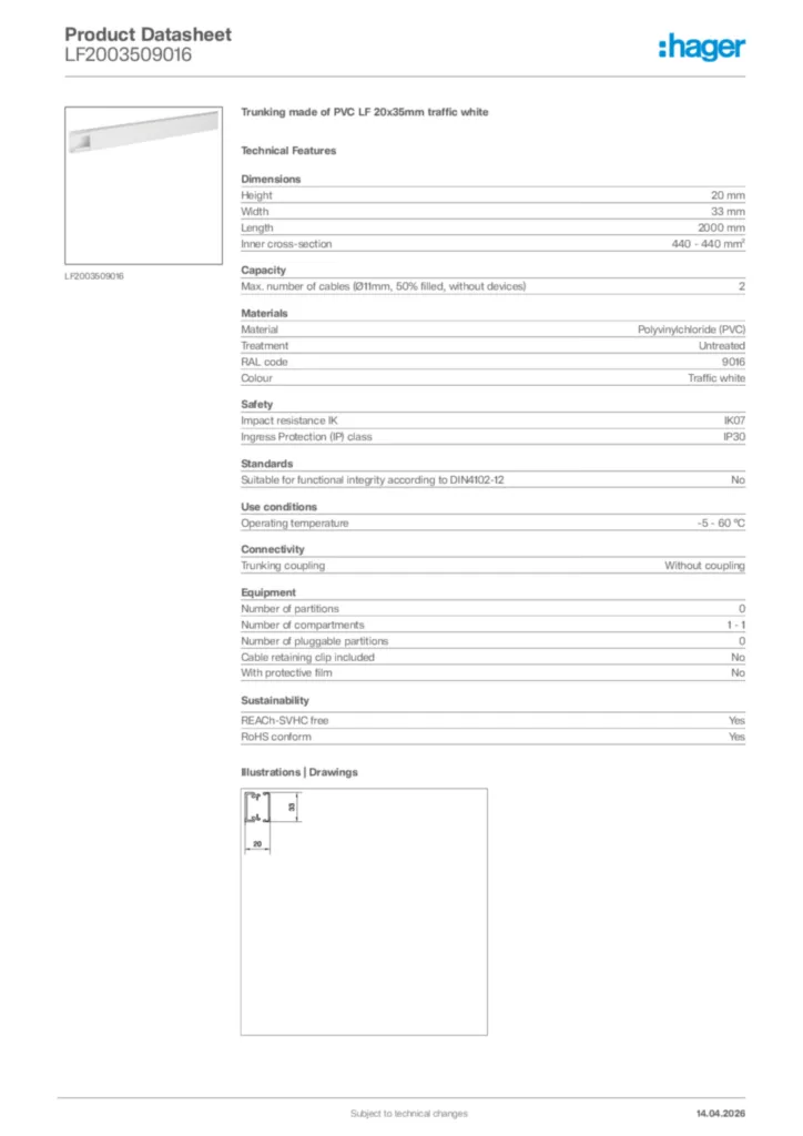 Image Hager Product data sheet LF2003509016  | Hager Africa