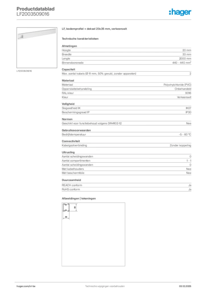 Afbeelding Hager Productdatablad LF2003509016 | Hager Belgium
