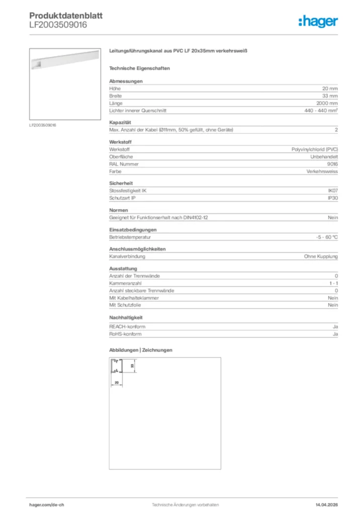 Bild Hager Produktdatenblatt LF2003509016 | Hager Schweiz