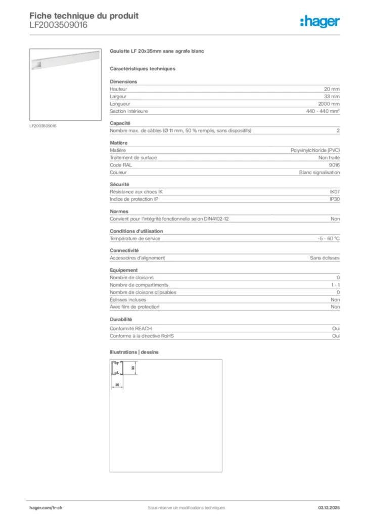 Image Hager Fiche technique du produit LF2003509016 | Hager Suisse