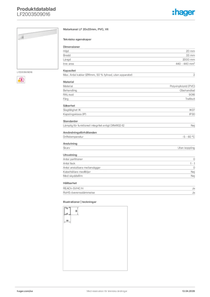 Bild Hager Produktdatablad LF2003509016 | Hager Sverige