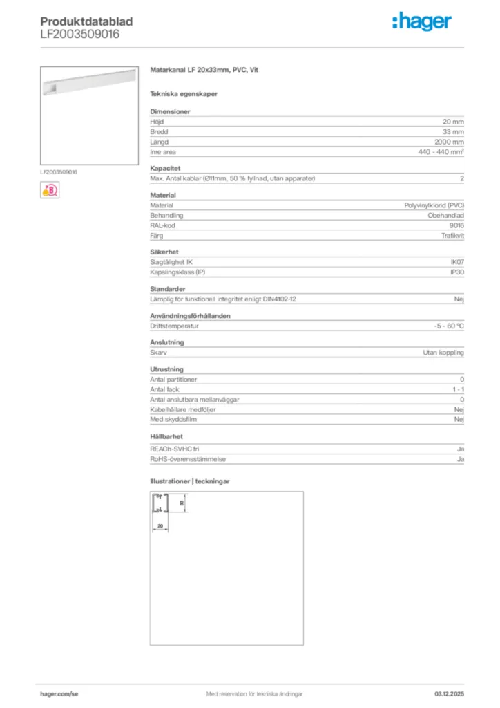 Bild Hager Produktdatablad LF2003509016 | Hager Sverige