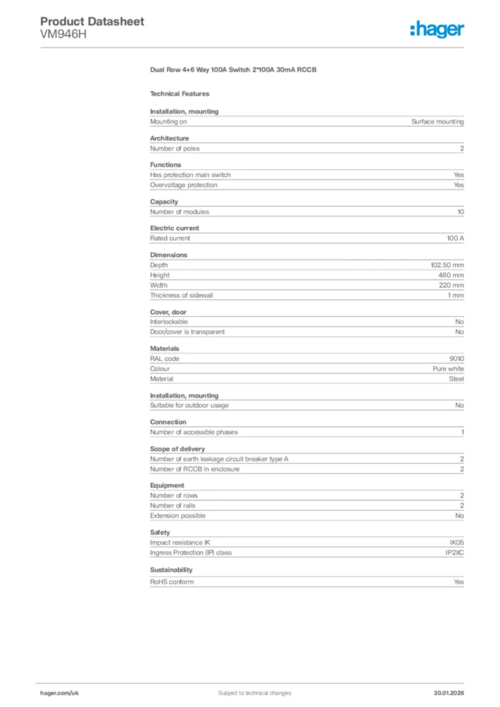 Image Hager Product data sheet VM946H  | Hager
