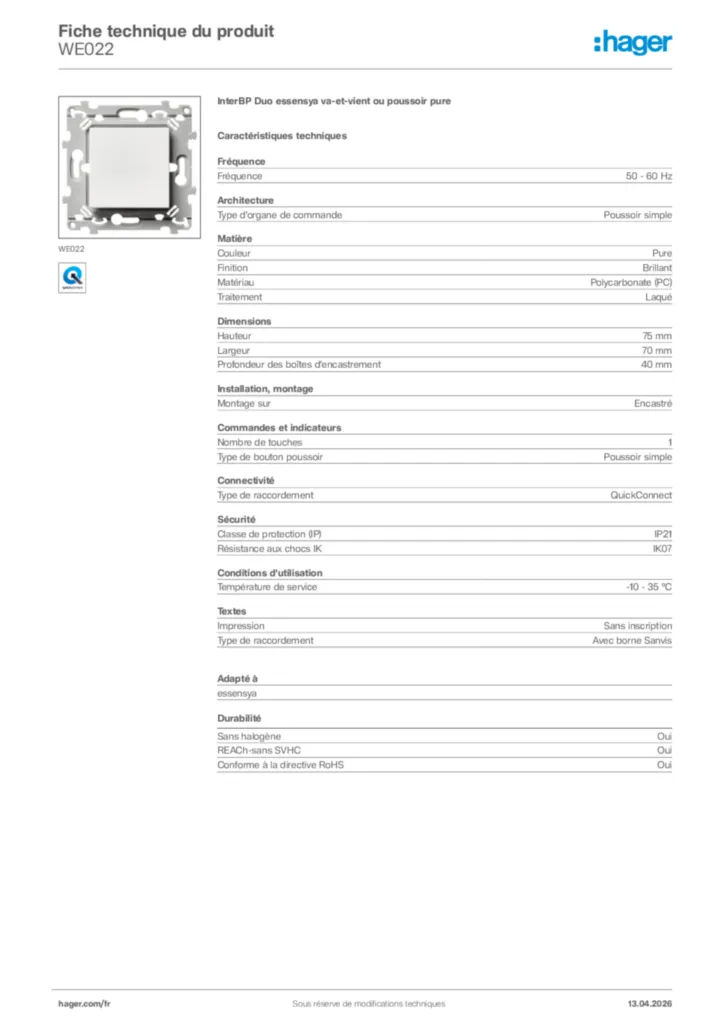 Image Hager Fiche technique du produit WE022 | Hager France
