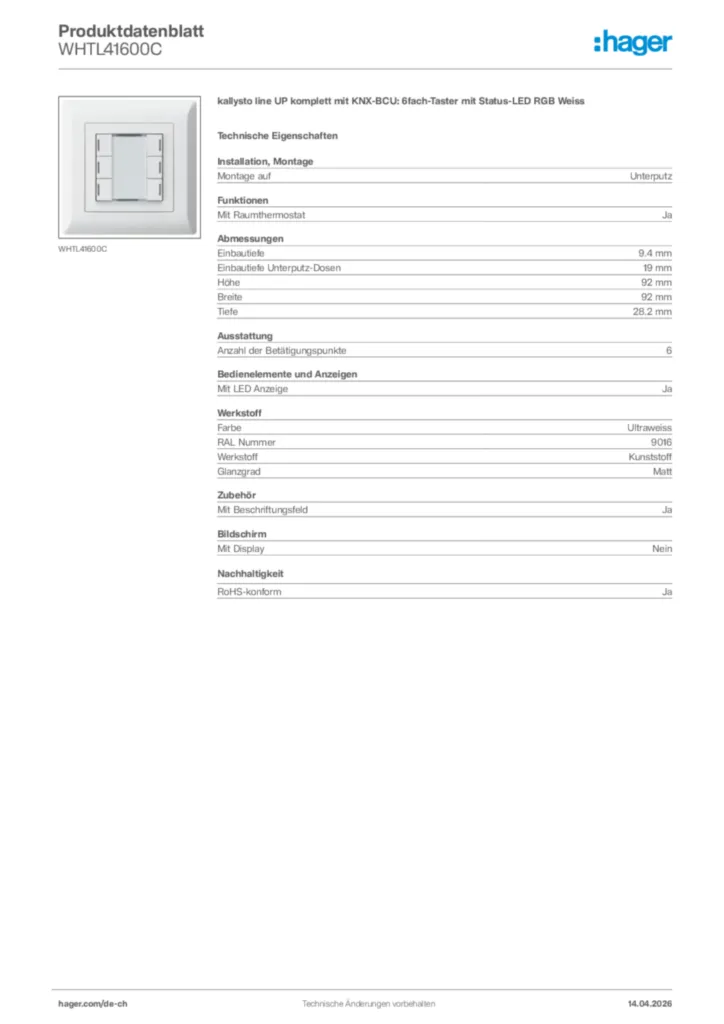 Bild Hager Produktdatenblatt WHTL41600C | Hager Schweiz