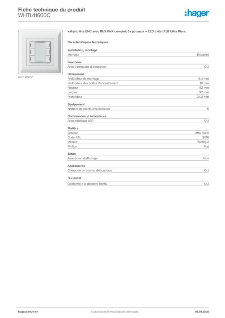 Image Hager Fiche technique du produit WHTL41600C | Hager Suisse