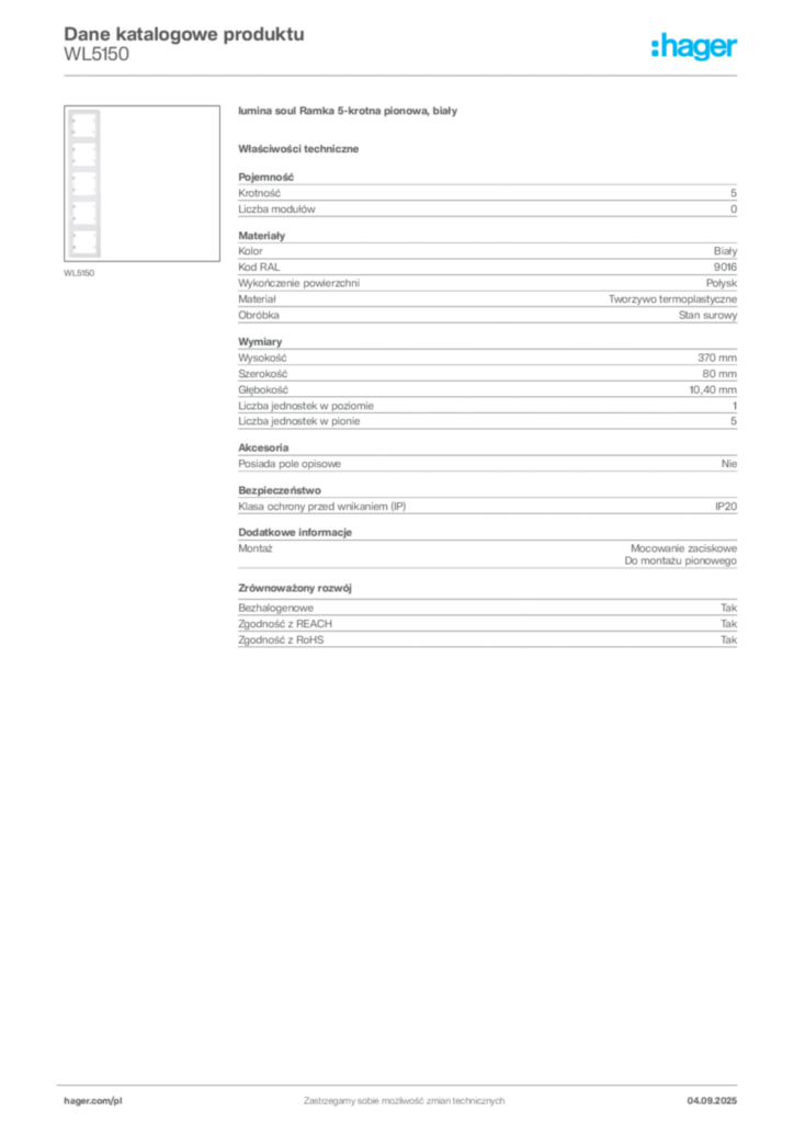 Zdjęcie Hager Dane katalogowe produktu WL5150 | Hager Polska