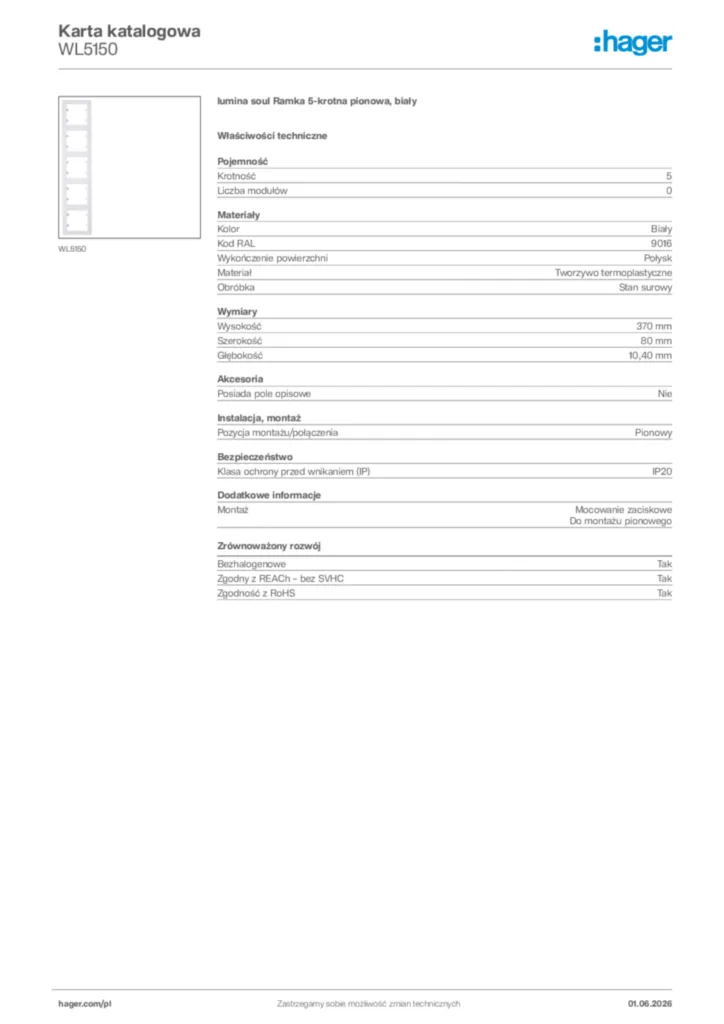 Zdjęcie Hager Karta katalogowa WL5150 | Hager Polska