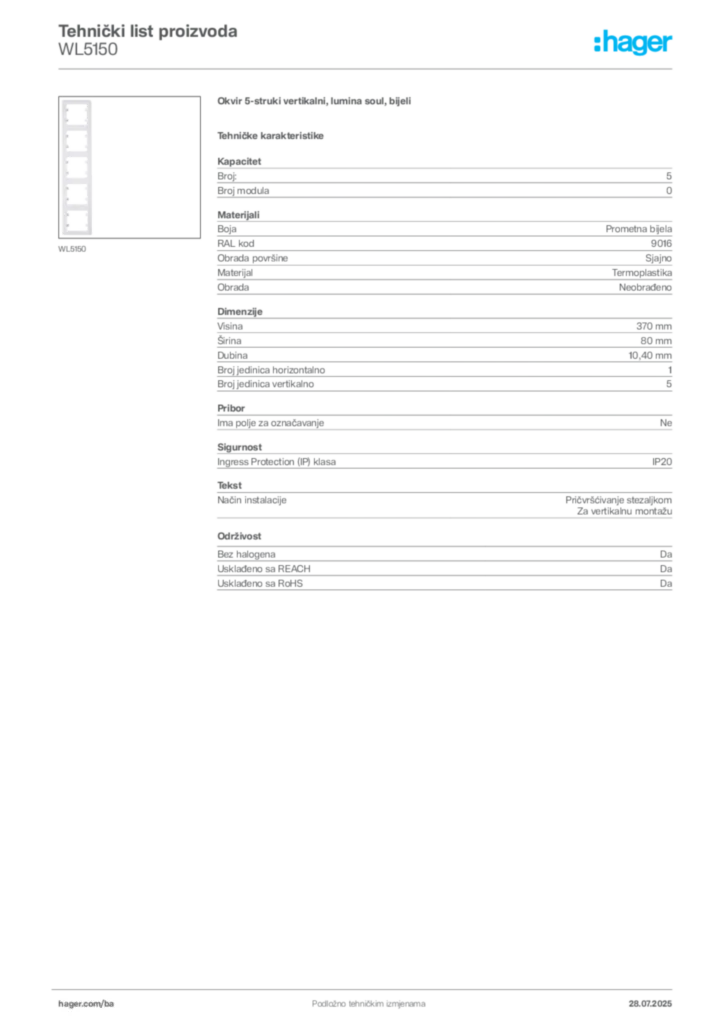 Slika Hager Product data sheet WL5150  | Hager