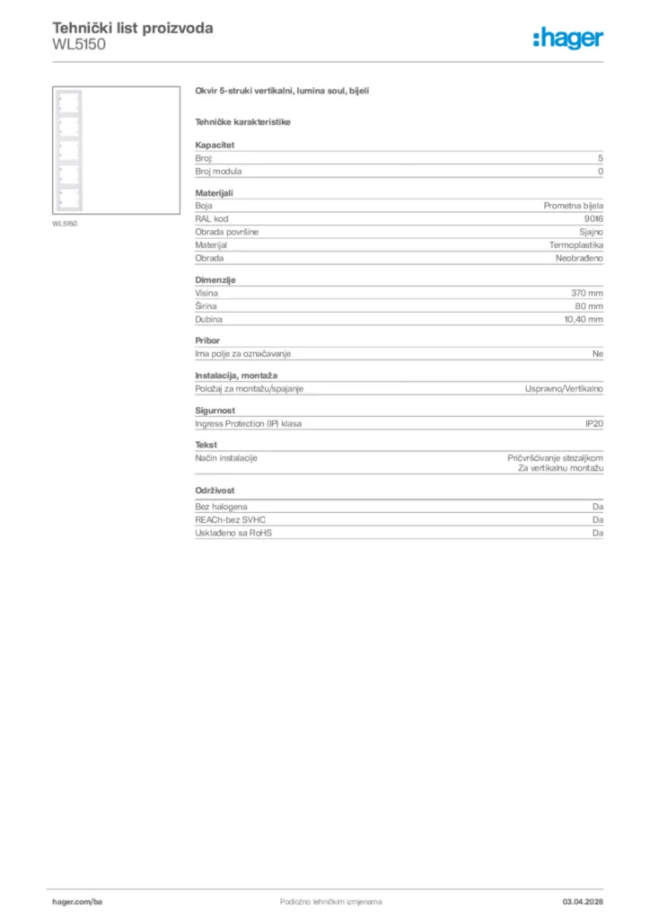 Slika Hager Tehnički list proizvoda WL5150  | Hager