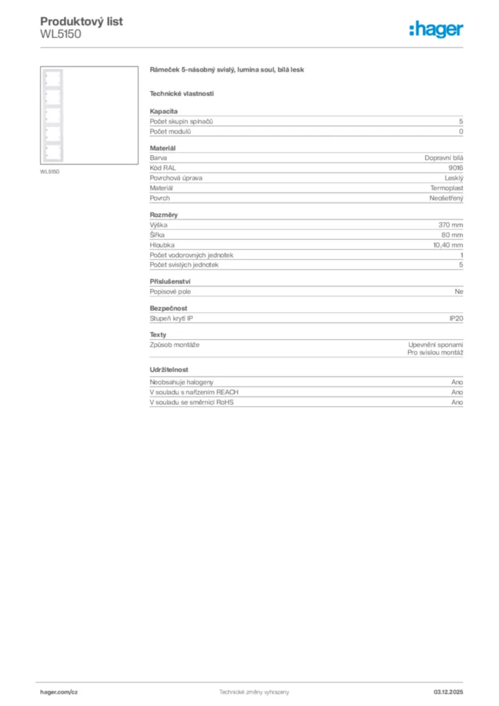 Obrázek Hager Product data sheet WL5150 | Hager