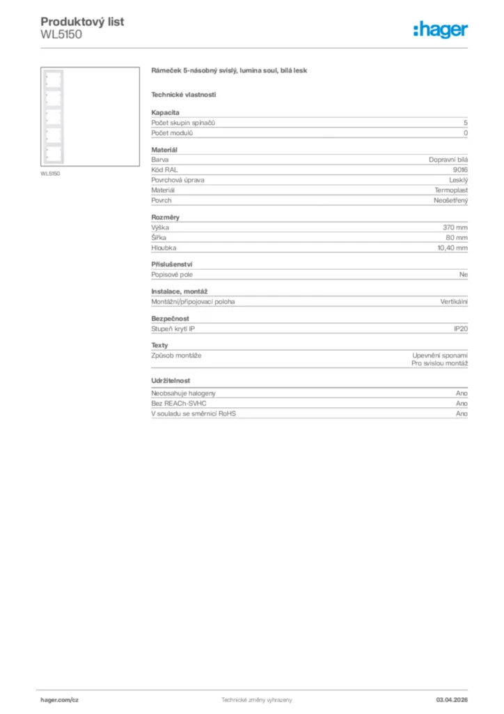 Obrázek Hager Product data sheet WL5150 | Hager