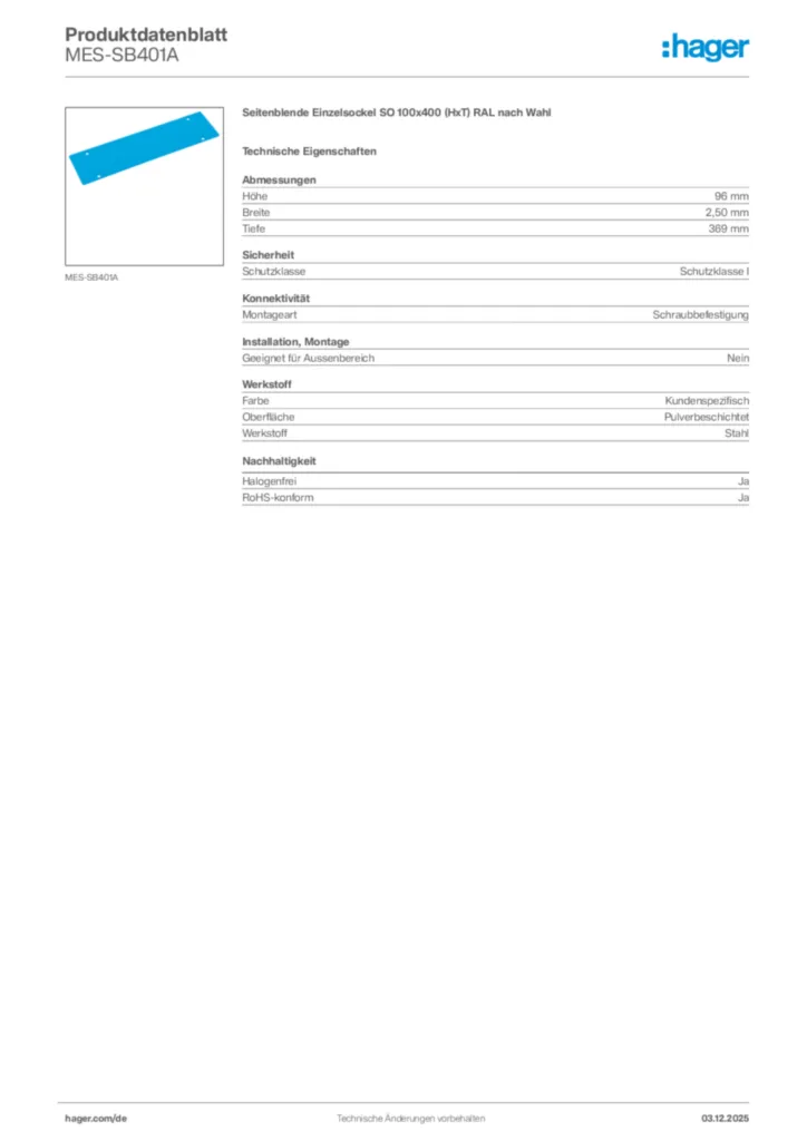 Bild Hager Produktdatenblatt MES-SB401A | Hager Deutschland