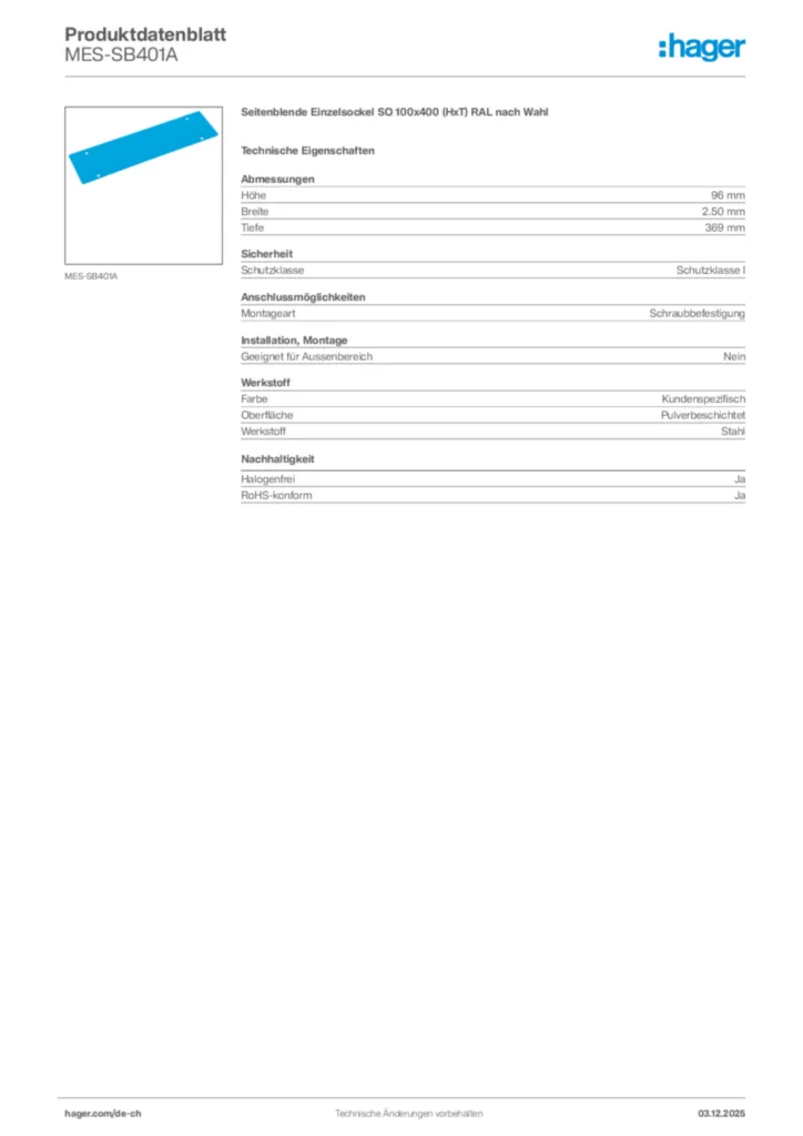Bild Hager Produktdatenblatt MES-SB401A | Hager Schweiz