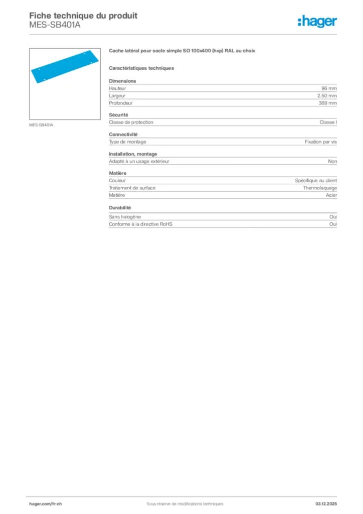 Image Hager Fiche technique du produit MES-SB401A | Hager Suisse