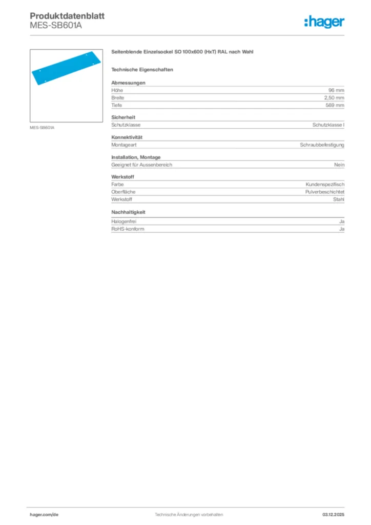 Bild Hager Produktdatenblatt MES-SB601A | Hager Deutschland