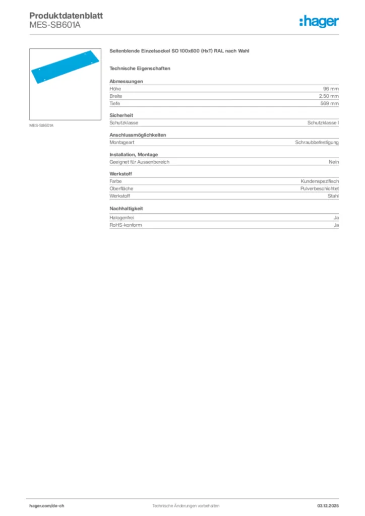 Bild Hager Produktdatenblatt MES-SB601A | Hager Schweiz