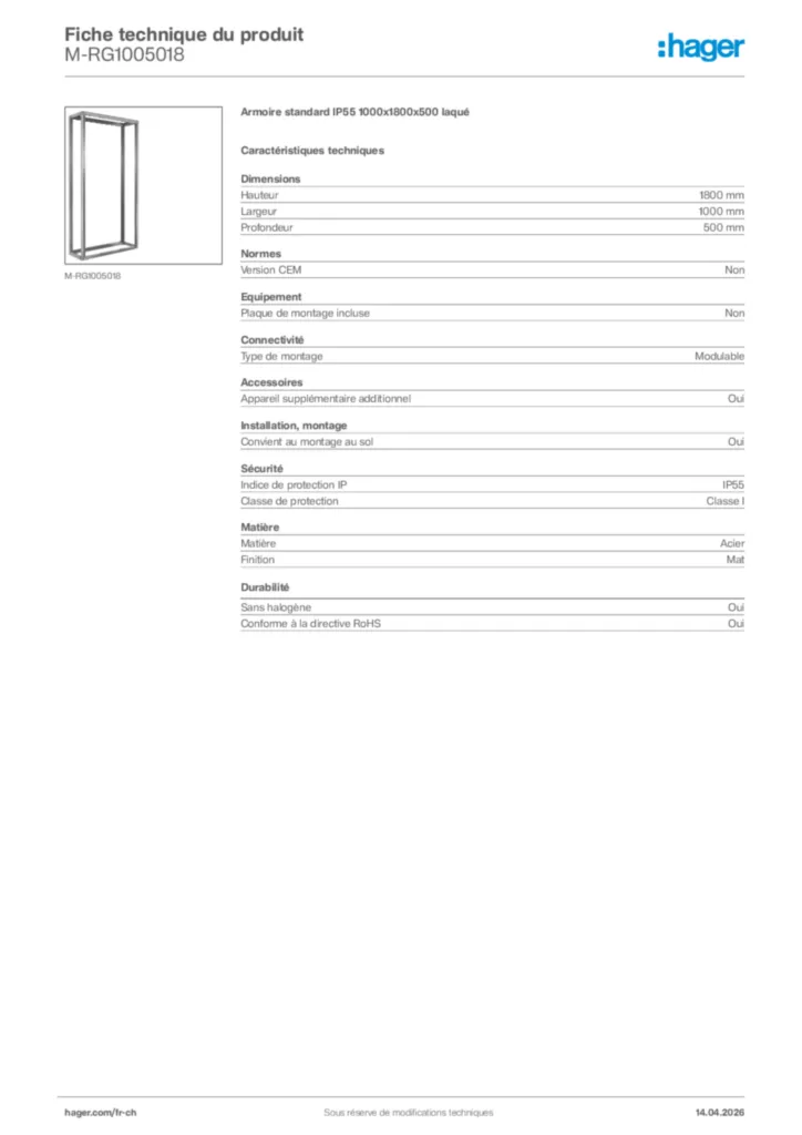 Image Hager Fiche technique du produit M-RG1005018 | Hager Suisse