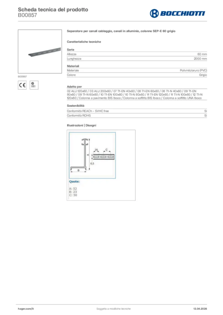 Immagine Bocchiotti Scheda tecnica del prodotto B00857 | Hager Italia