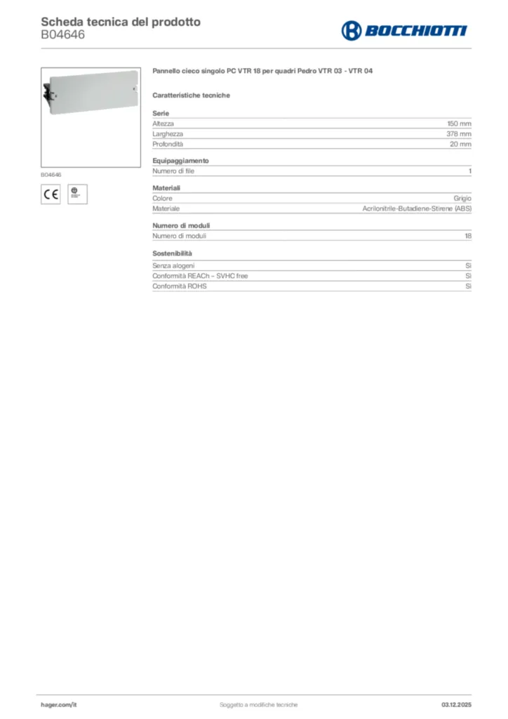 Immagine Bocchiotti Scheda tecnica del prodotto B04646 | Hager Italia