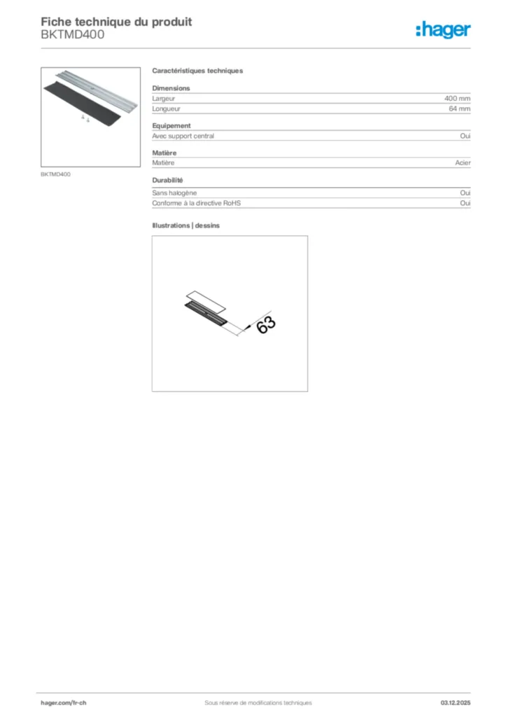 Image Hager Fiche technique du produit BKTMD400 | Hager Suisse