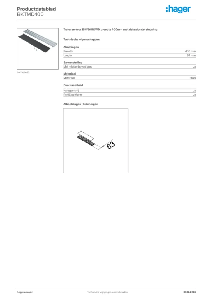Afbeelding Hager Productdatablad BKTMD400 | Hager Nederland
