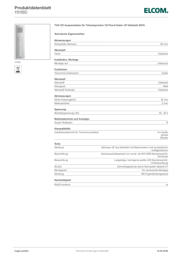 Bild Elcom Produktdatenblatt 1111180 | Hager Deutschland