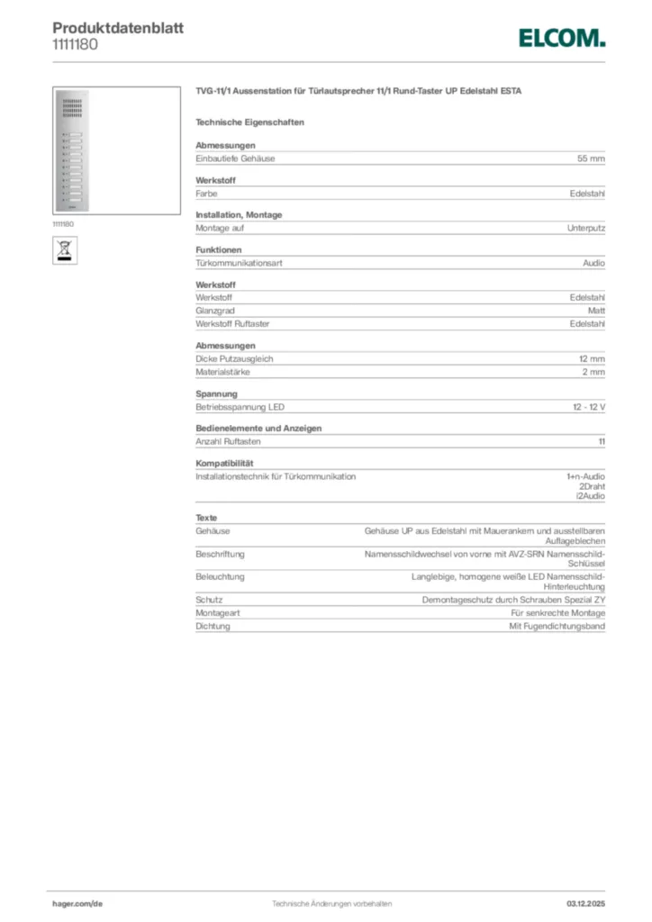 Bild Elcom Produktdatenblatt 1111180 | Hager Deutschland