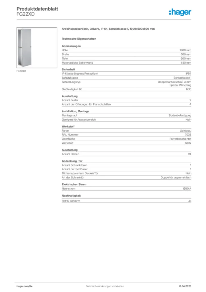 Bild Hager Produktdatenblatt FG22XD | Hager Deutschland
