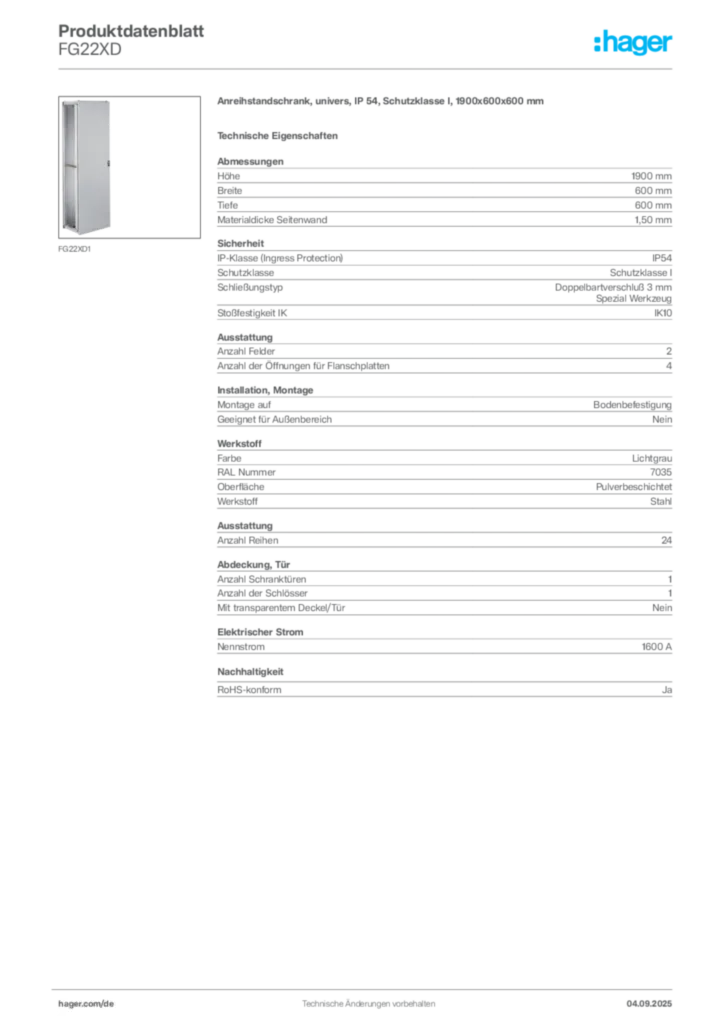 Bild Hager Produktdatenblatt FG22XD | Hager Deutschland