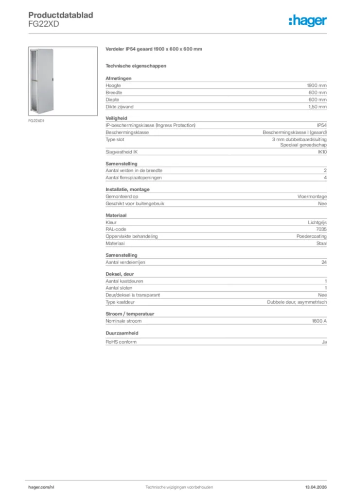 Afbeelding Hager Productdatablad FG22XD | Hager Nederland