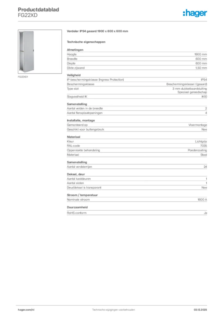 Afbeelding Hager Productdatablad FG22XD | Hager Nederland