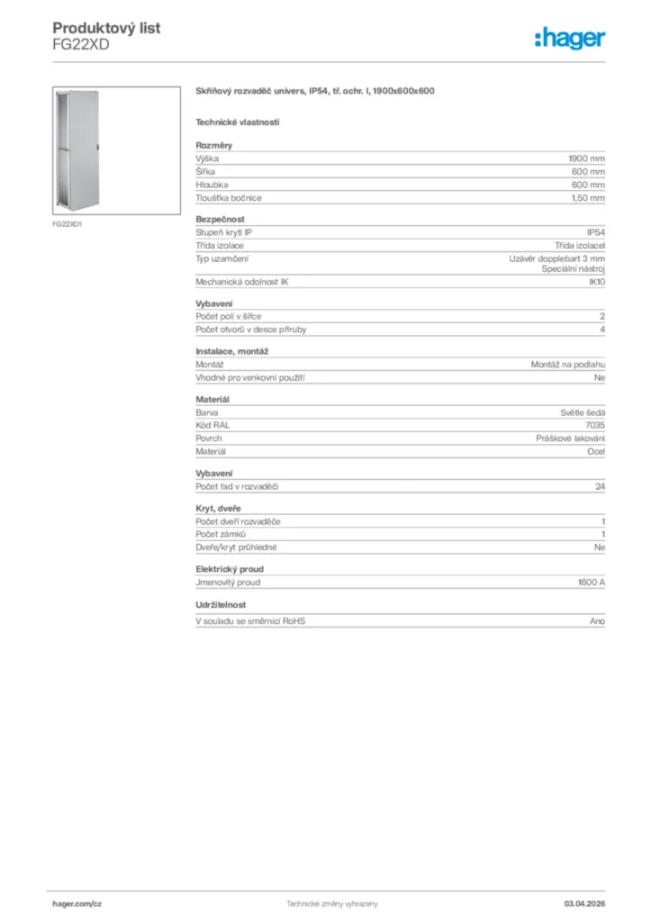 Obrázek Hager Product data sheet FG22XD | Hager