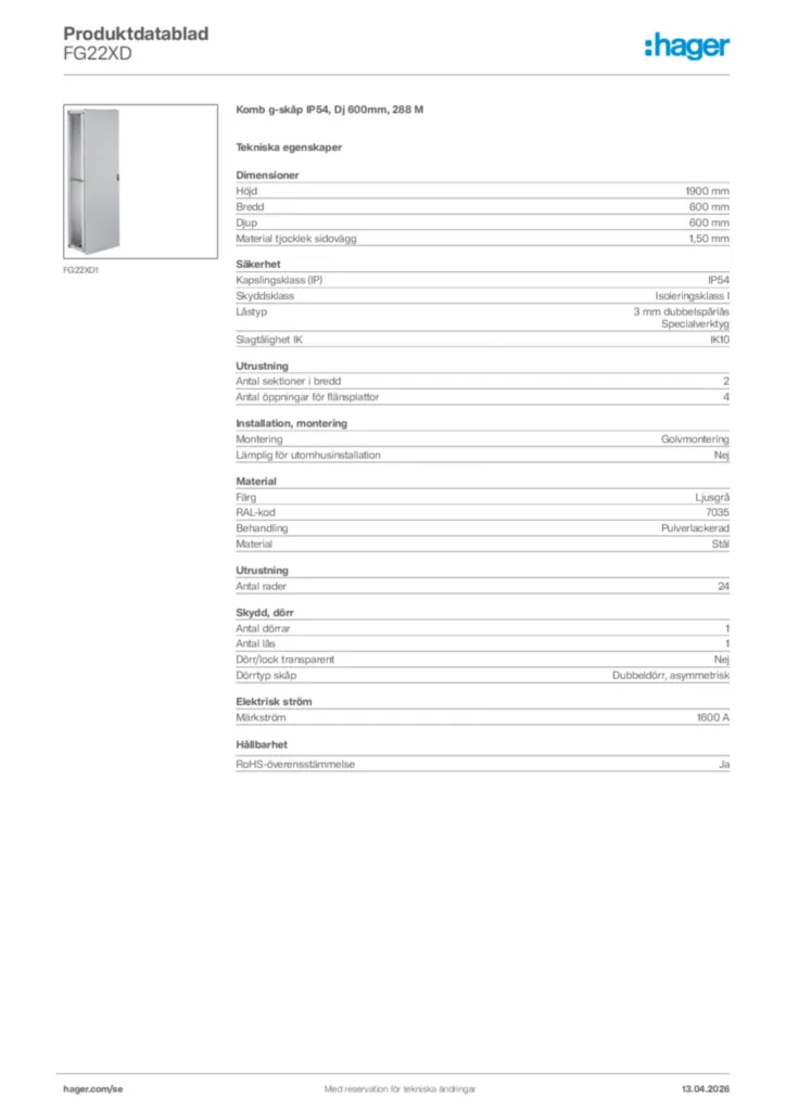 Bild Hager Produktdatablad FG22XD | Hager Sverige