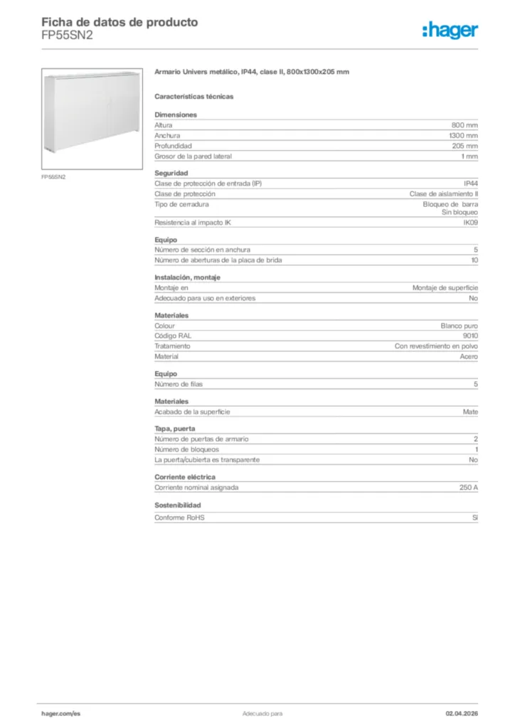 Imagen Hager Ficha de datos de producto FP55SN2 | Hager España