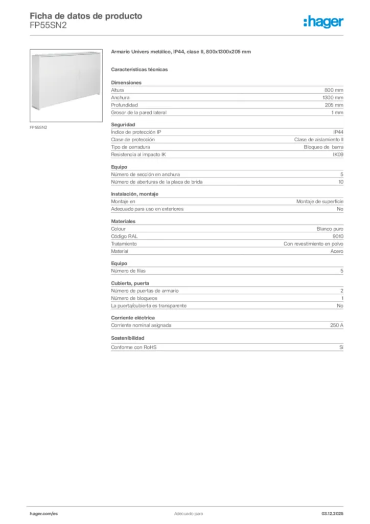 Imagen Hager Ficha de datos de producto FP55SN2 | Hager España
