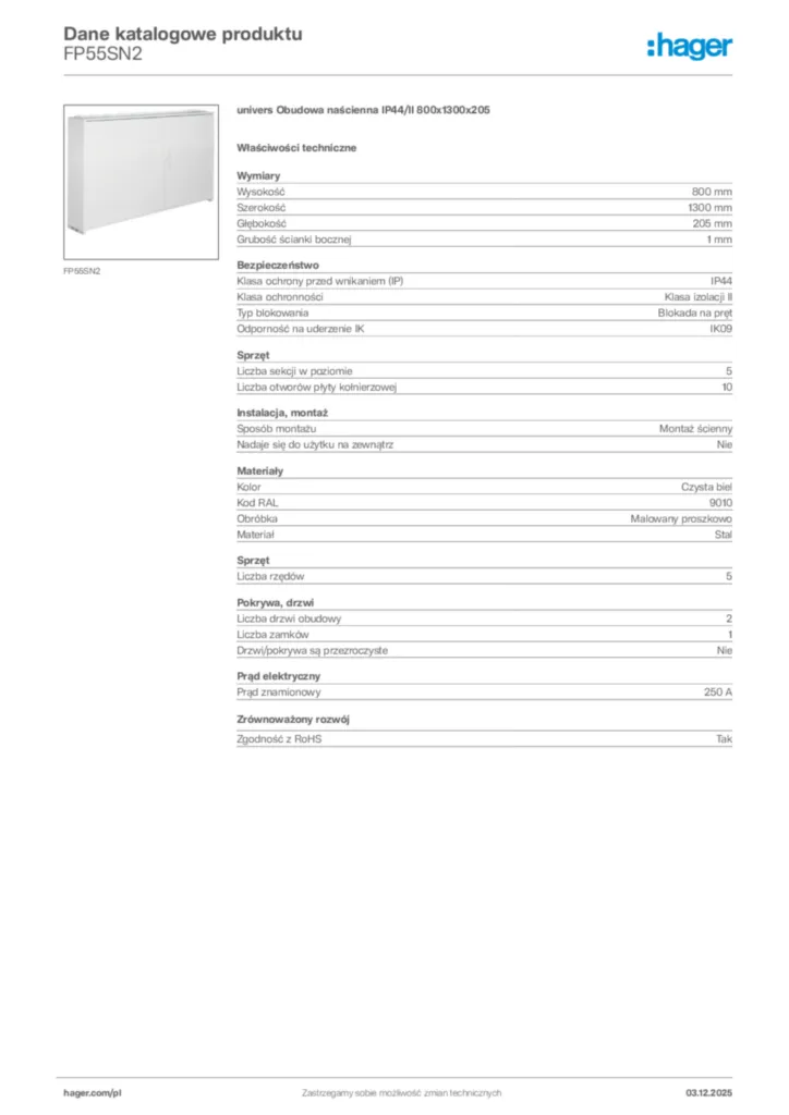 Zdjęcie Hager Karta katalogowa FP55SN2 | Hager Polska