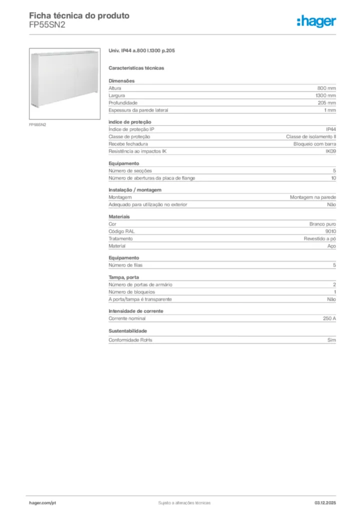 Imagem Hager Ficha técnica do produto FP55SN2 | Hager Portugal