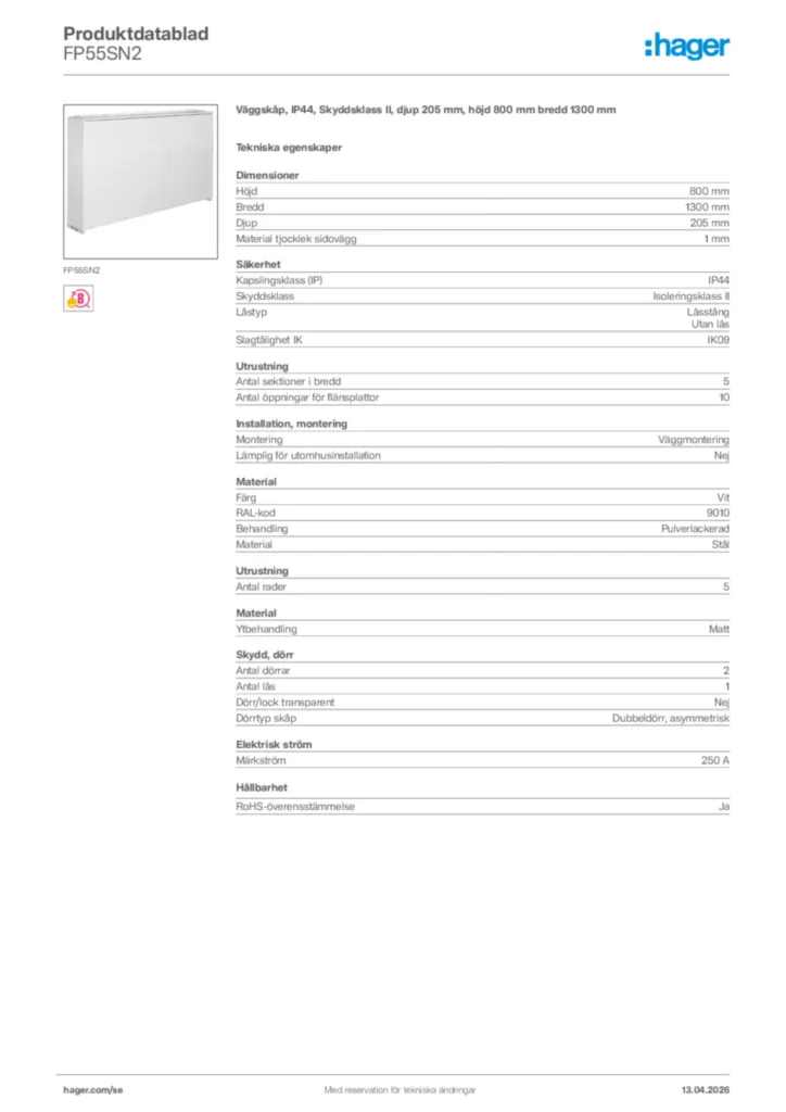 Bild Hager Produktdatablad FP55SN2 | Hager Sverige