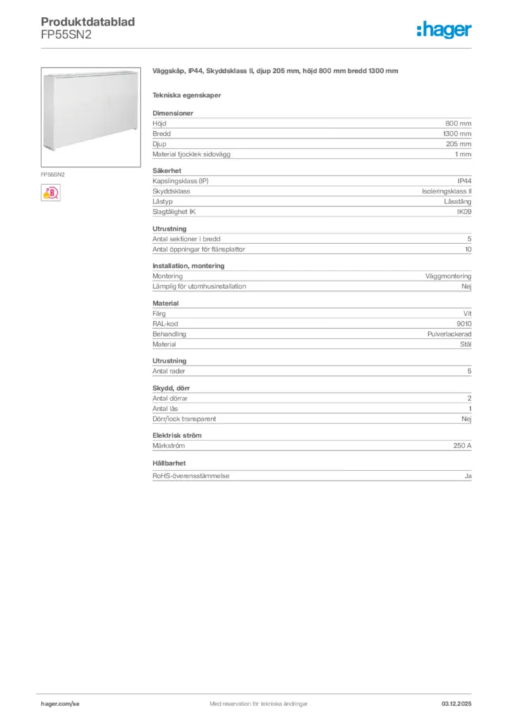 Bild Hager Produktdatablad FP55SN2 | Hager Sverige