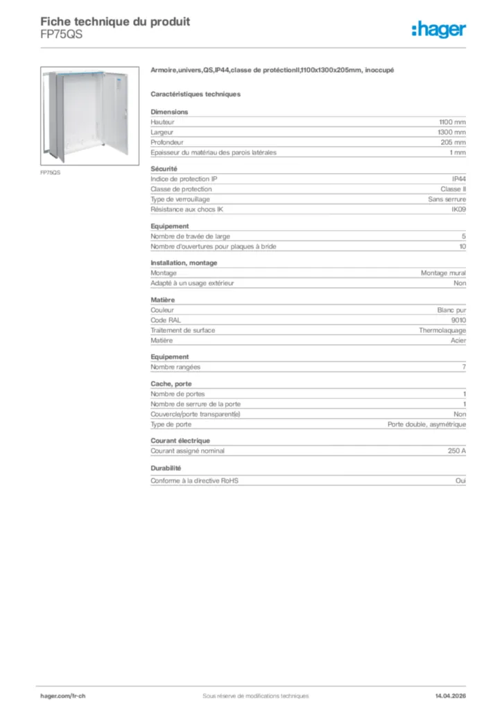 Image Hager Fiche technique du produit FP75QS | Hager Suisse