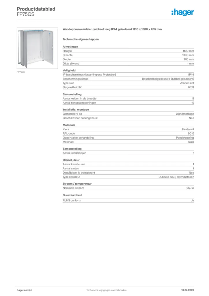 Afbeelding Hager Productdatablad FP75QS | Hager Nederland