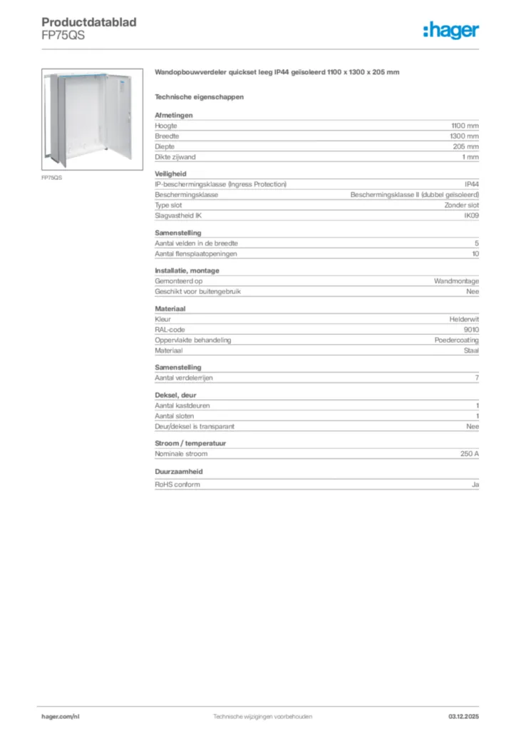 Afbeelding Hager Productdatablad FP75QS | Hager Nederland
