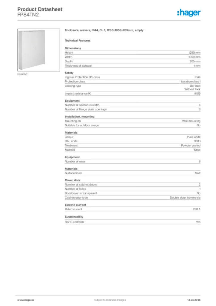 Image Hager Product data sheet FP84TN2  | Hager