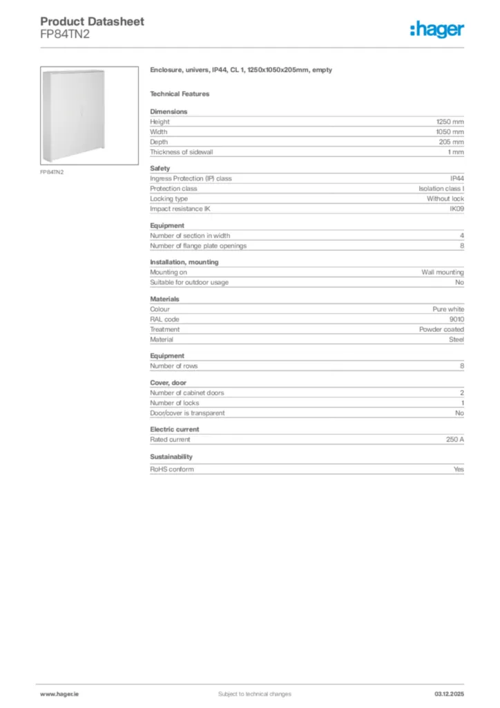 Image Hager Product data sheet FP84TN2  | Hager