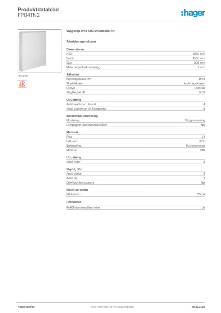 Bild Hager Produktdatablad FP84TN2 | Hager Sverige