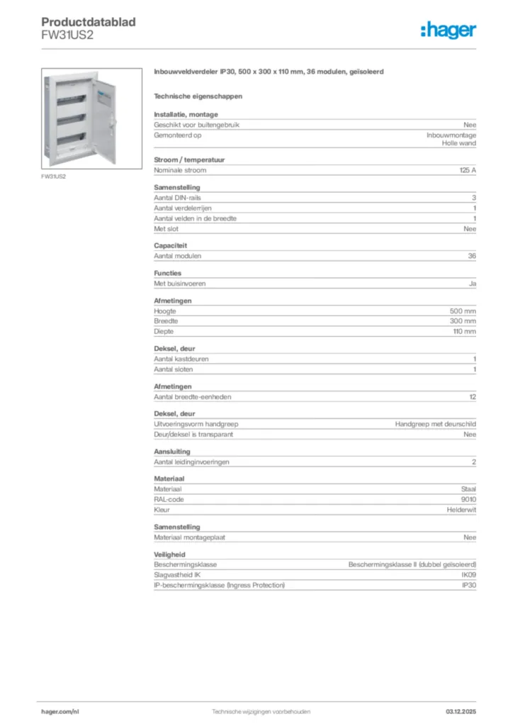 Afbeelding Hager Productdatablad FW31US2 | Hager Nederland