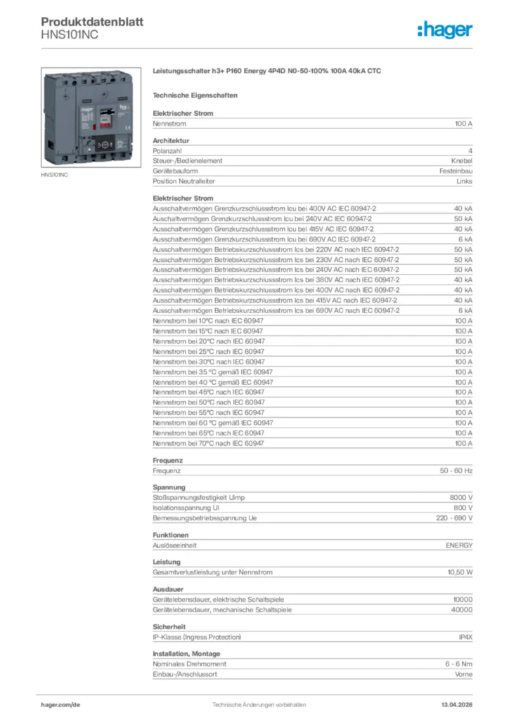 Bild Hager Produktdatenblatt HNS101NC | Hager Deutschland