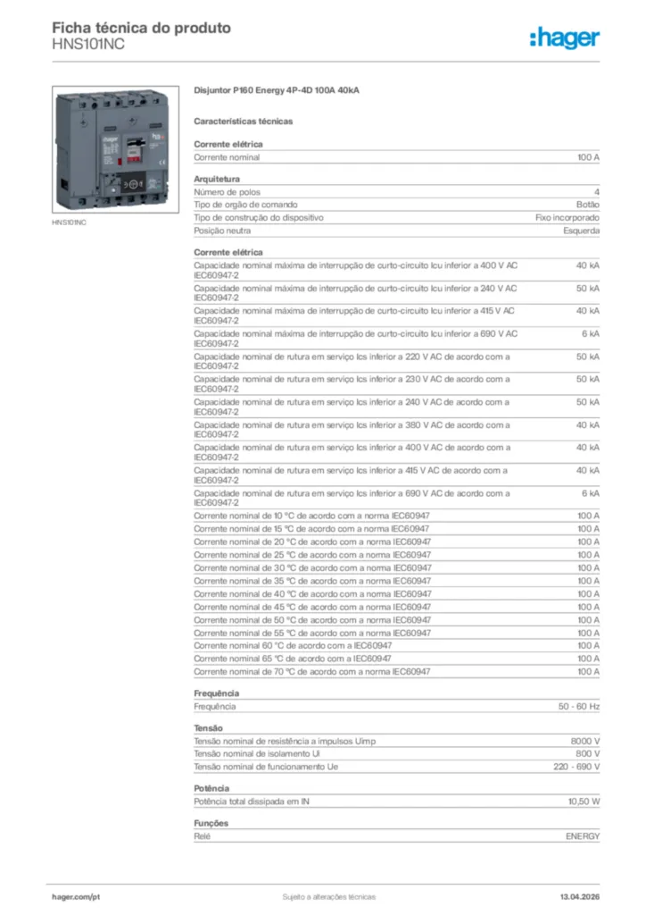 Imagem Hager Ficha técnica do produto HNS101NC | Hager Portugal