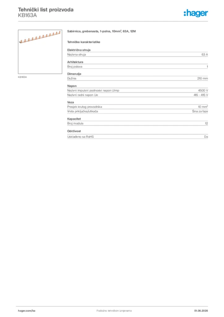Slika Hager Tehnički list proizvoda KB163A  | Hager